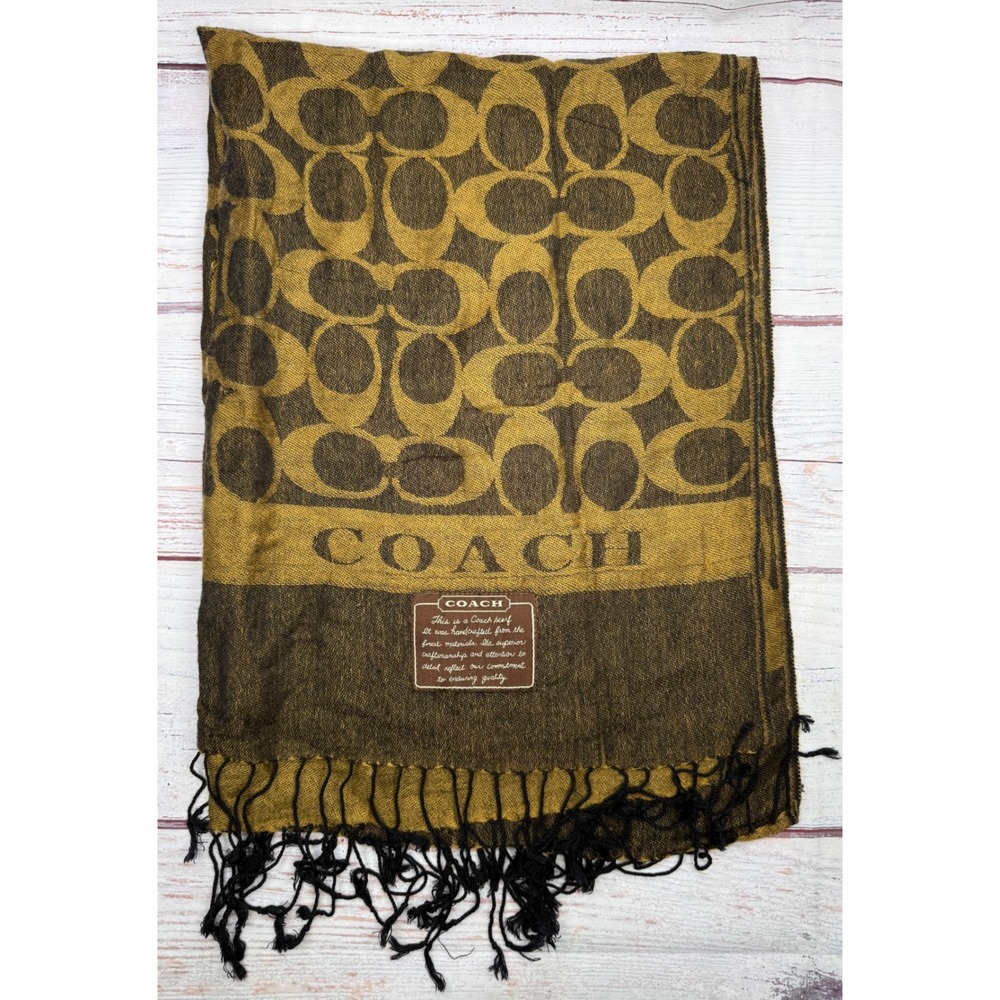 Coach Signature C Logo Jacquard Fringe Wrap Scarf Gold Black